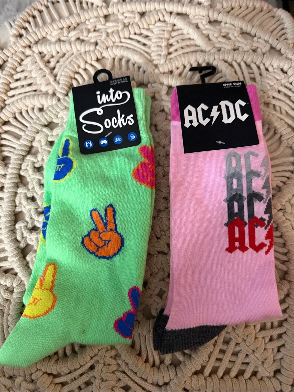 Two-Pack Crew Socks - Green Peace Sign & Pink AC/DC